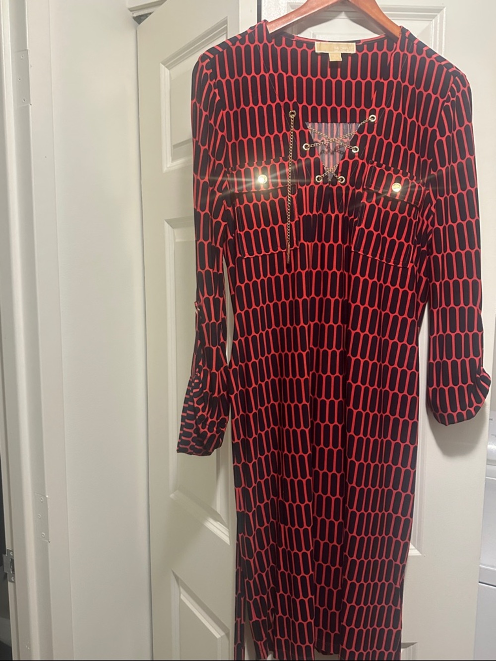 MICHAEL Michael Kors Red and Black Geometric Lace-Up Long Sleeve Dress
